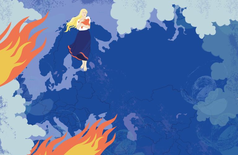 Piirroskuva Euroopasta, jota nuolevat liekit ja jossa Suomen kohdalla Suomi-neito pitelee säästöpossua.